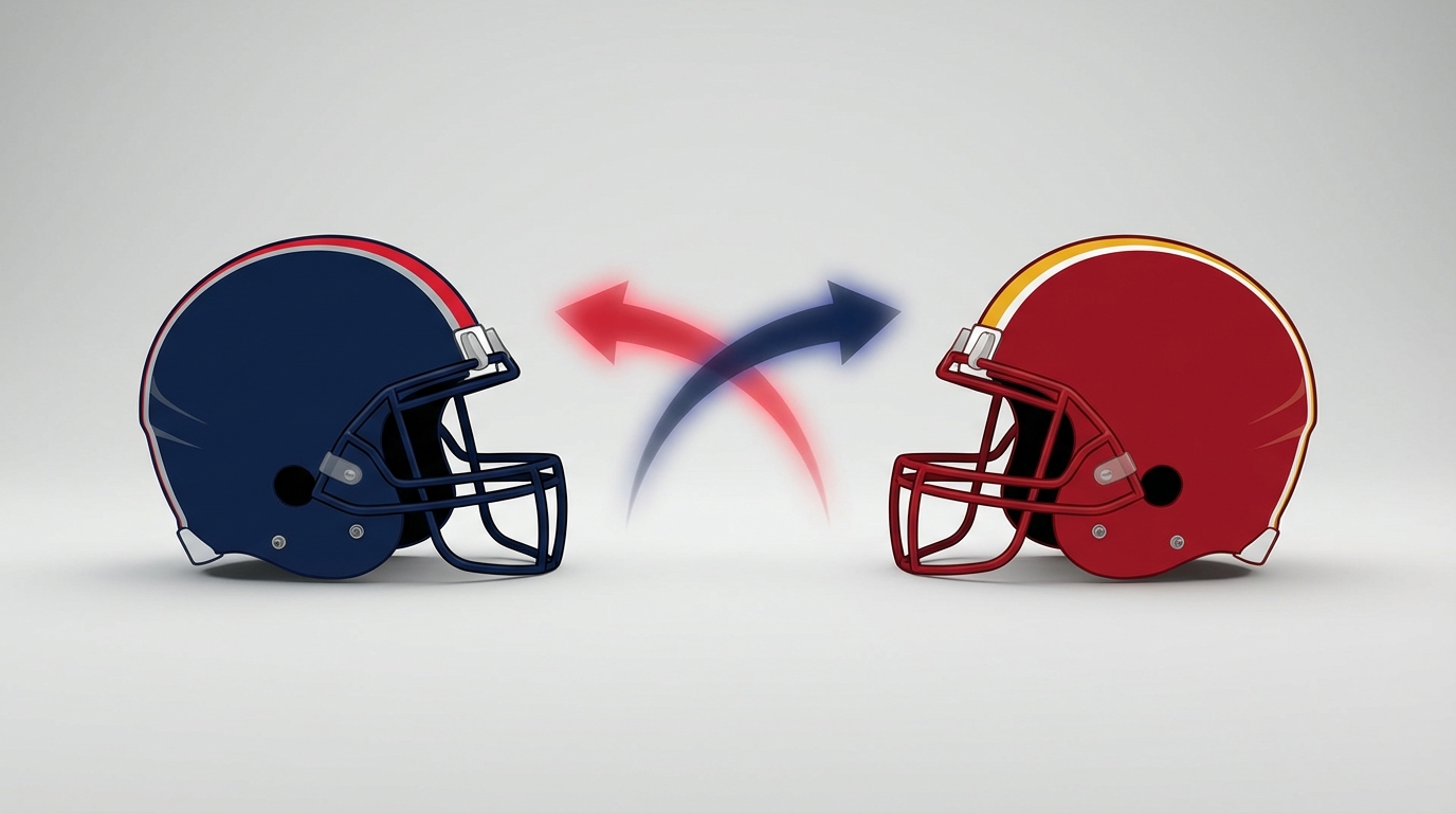 Two helmets facing each other with intersecting trade arrows