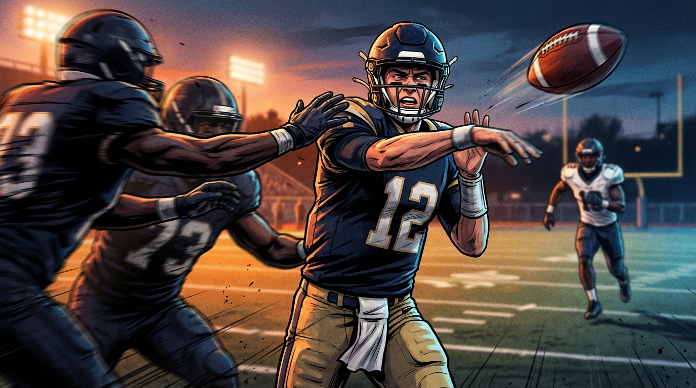 Quarterback mid-throw under pressure