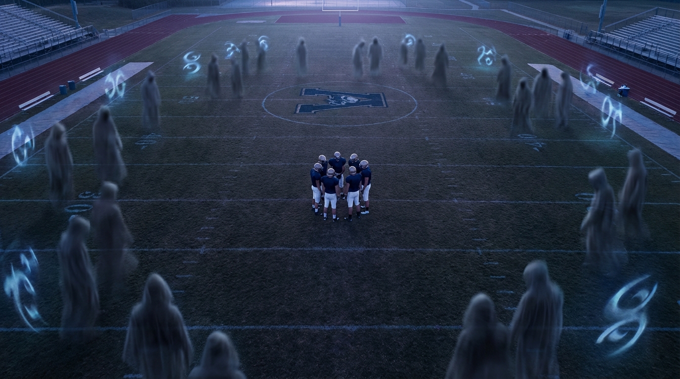 Shadowy figures looming around a Patriots team huddle