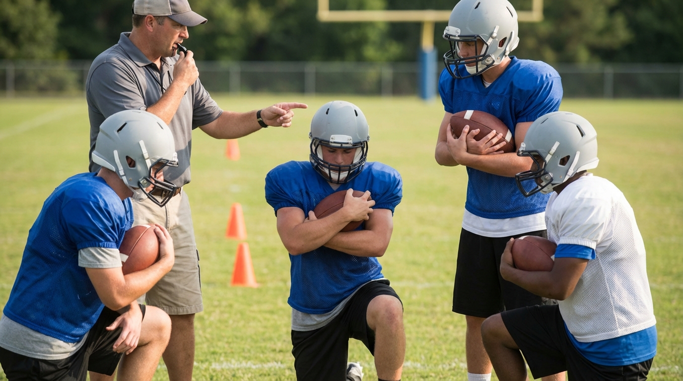 Coach instructing players on ball security drills during outdoor football practice