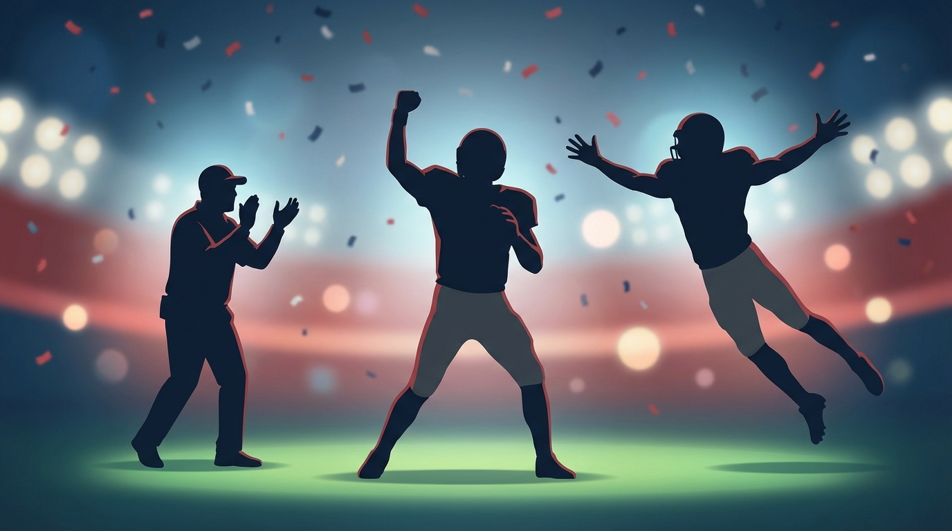 Stylized silhouettes of Patriots players celebrating under stadium lights with confetti