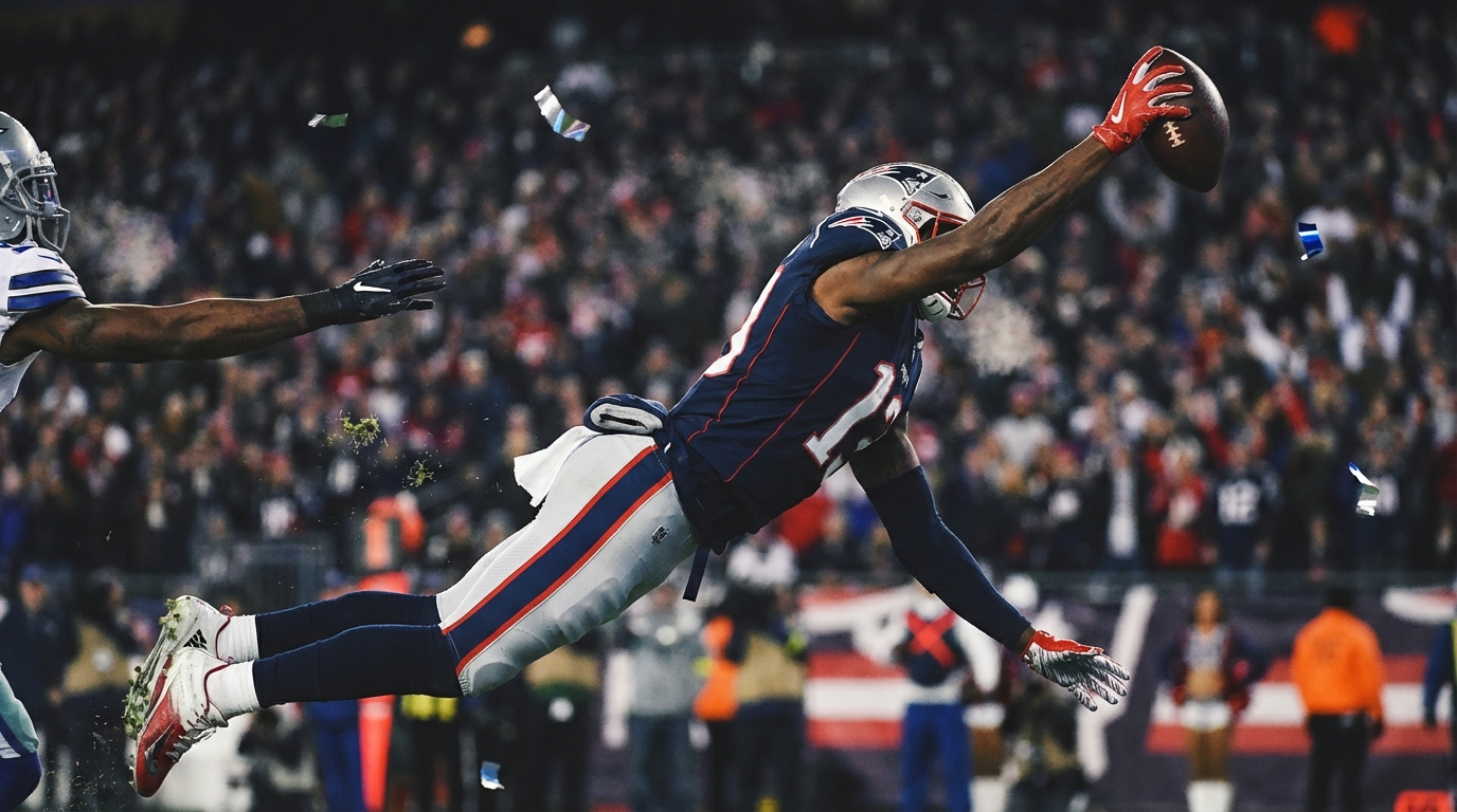 Wide receiver making a dramatic one handed catch in a packed playoff stadium, motion blur, kicked up turf, visible breath
