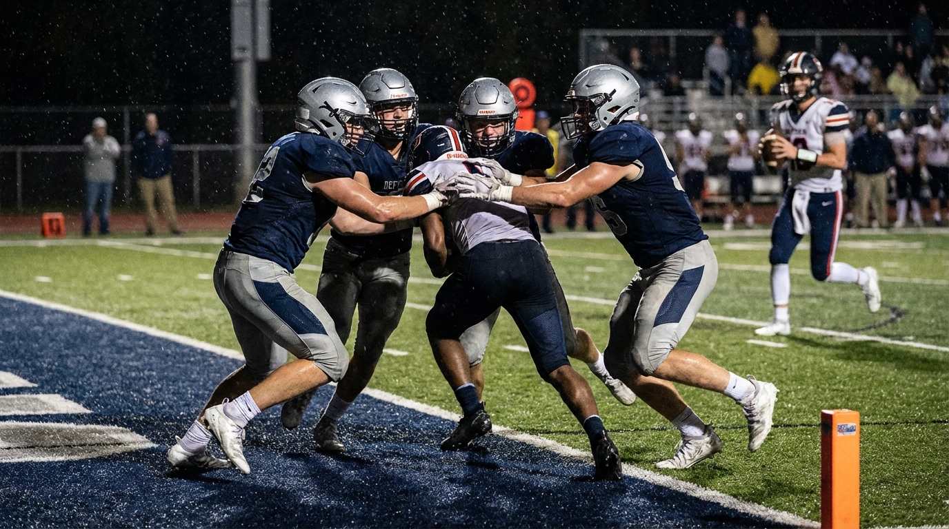 Patriots defenders converging on a receiver near the goal line