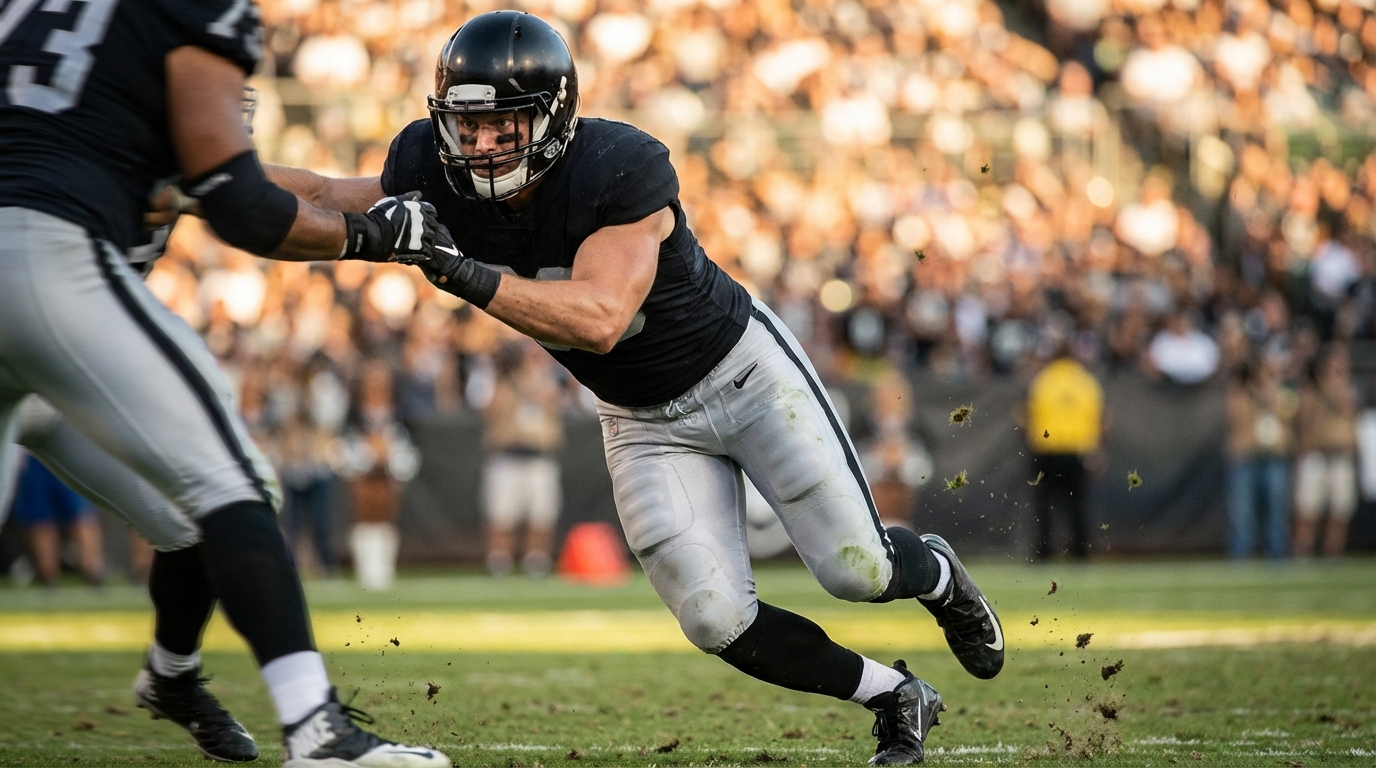 Maxx Crosby-like defensive end exploding off the snap on a grass field