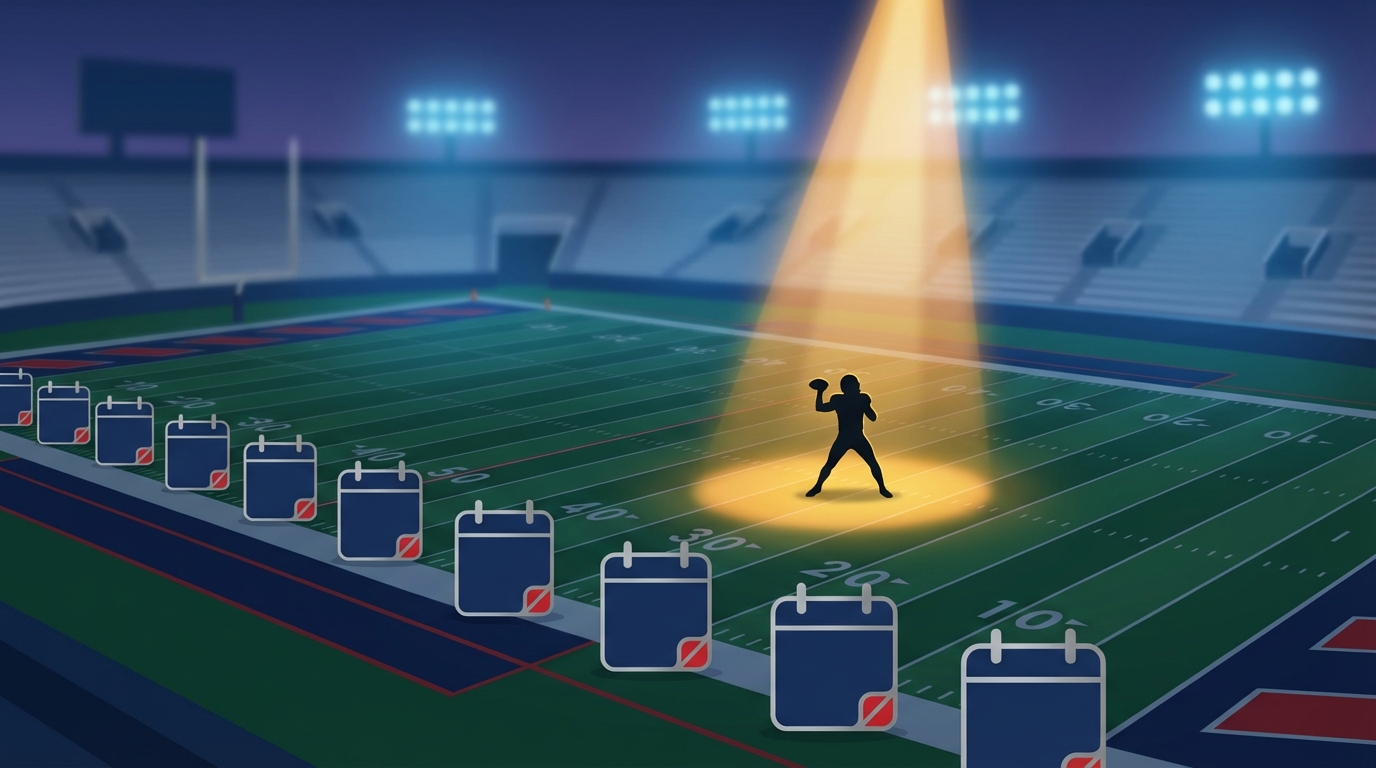 Aerial view of a football field with calendar icons along the sideline and a golden spotlight on a silhouetted quarterback at midfield