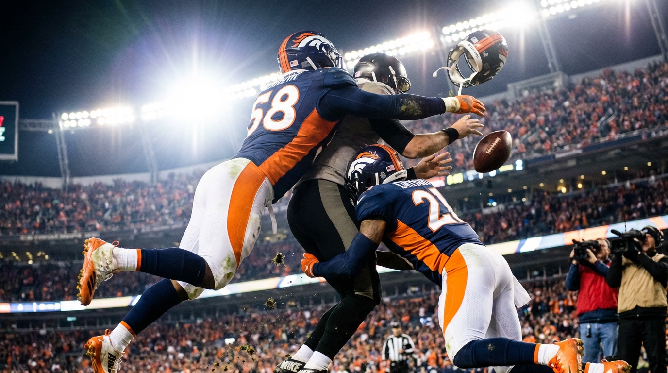 Broncos defenders Zach Allen and Nik Bonitto force a fumble mid-sack