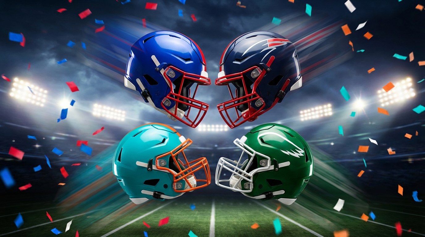 AFC East rivalry: stylized helmets representing Bills, Patriots, Dolphins, and Jets
