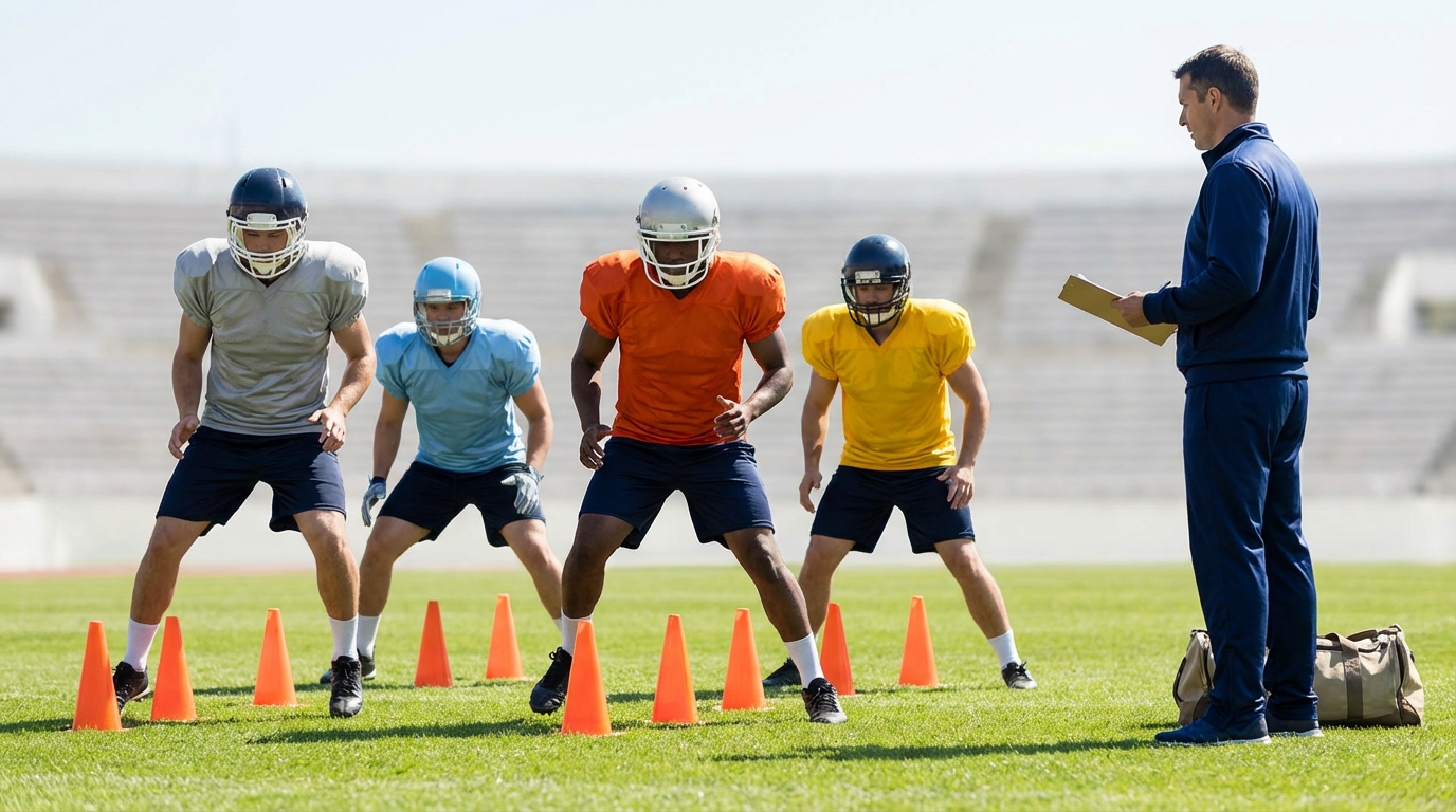 Players in practice jerseys running drills on a grass field with a coach observing; no logos or text