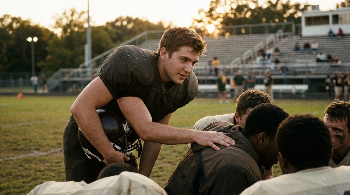 Young quarterback listening and encouraging teammates on the sideline
