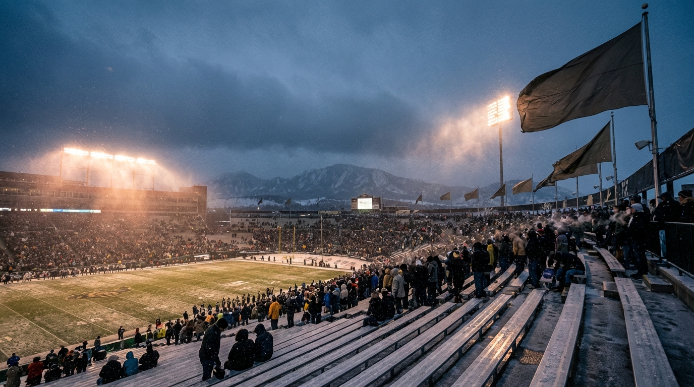 A snowy, wind-swept Denver stadium at night with bundled fans and floodlights cutting through low clouds