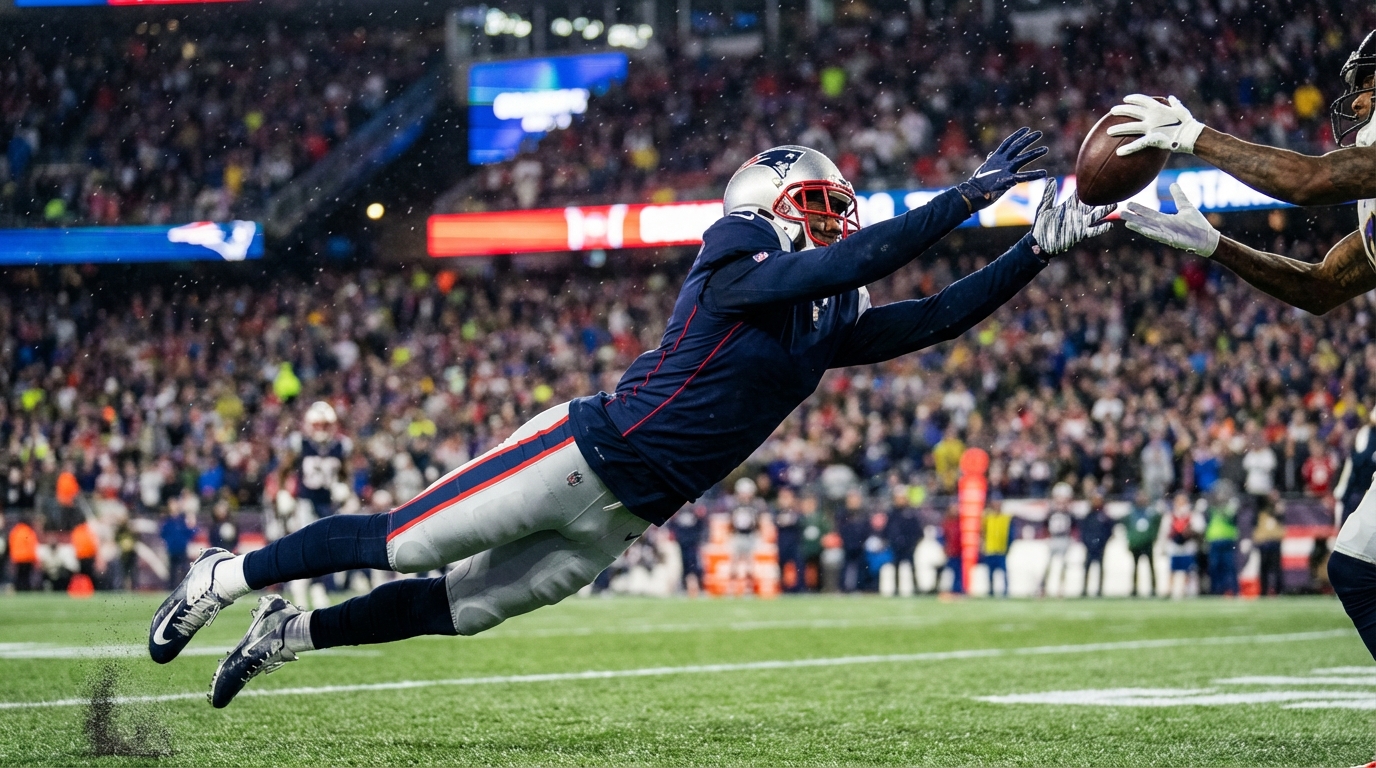 Patriots defensive player lunging to intercept a pass in a rain-sprayed, stadium-lit playoff game, motion-blur background
