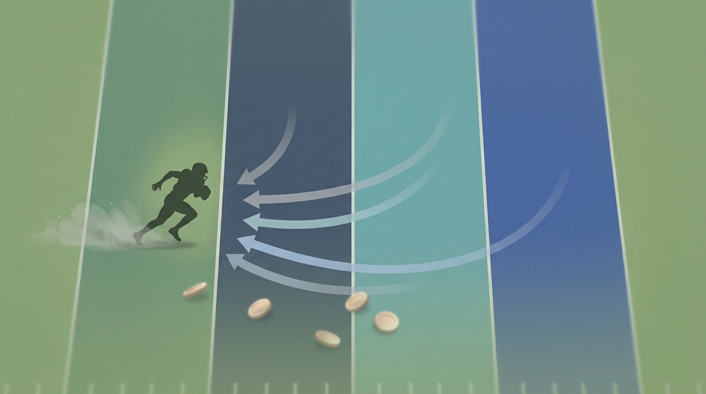 Stylized aerial view of a football field divided into four vertical panels in AFC East colors with a running back silhouette in the Jets green panel and subtle arrows indicating trade movement.