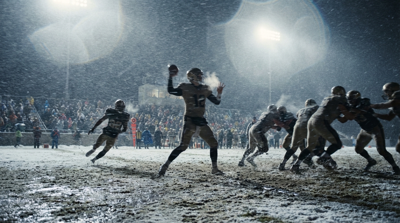 Snowy windy NFL game scene