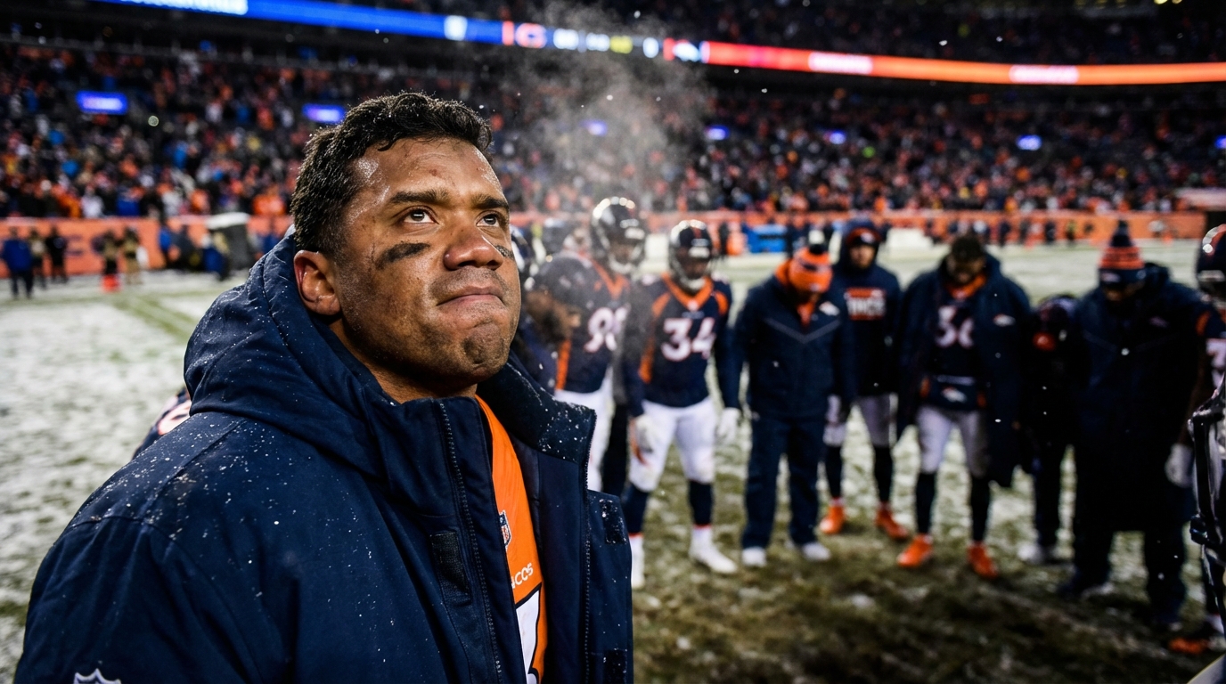 Denver defender on the sideline, helmet off, showing frustrated defiance as light snow falls and breath is visible