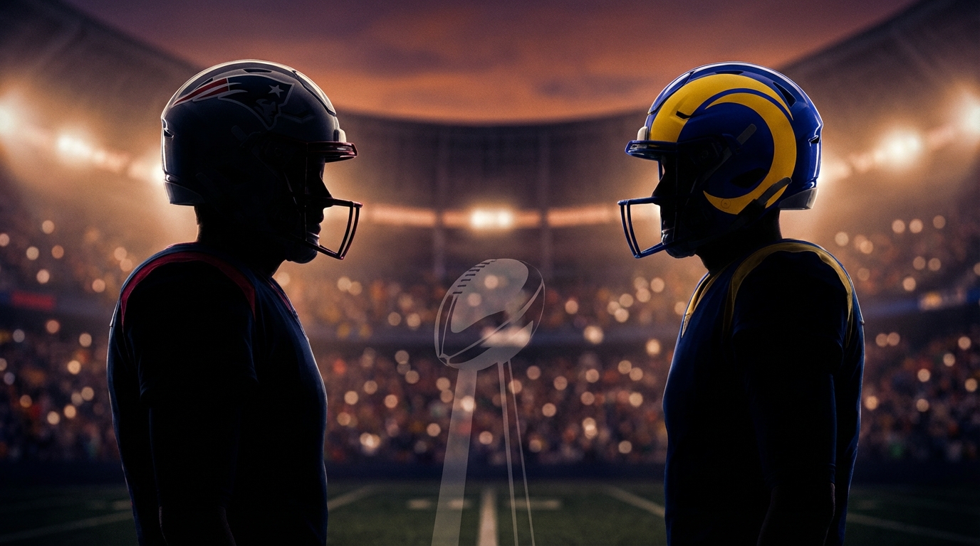 Two quarterback silhouettes facing each other in a stylized stadium at dusk