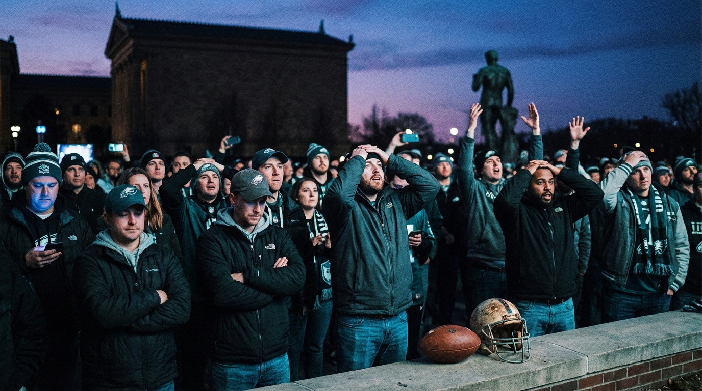 Crowd of disappointed and angry football fans with a football and helmet in foreground and Hall of Fame silhouette in background