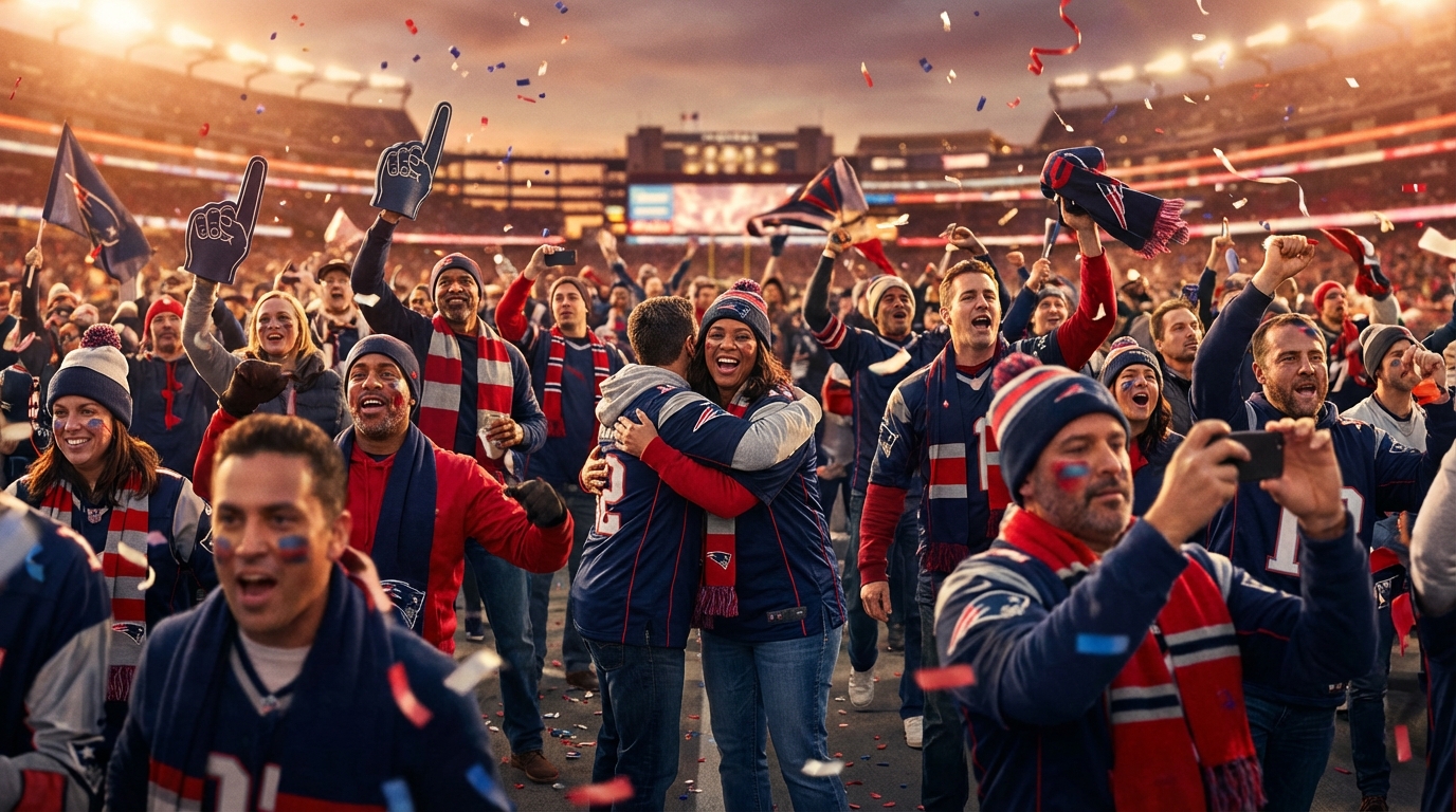 Patriots fans rallying at a Super Bowl event