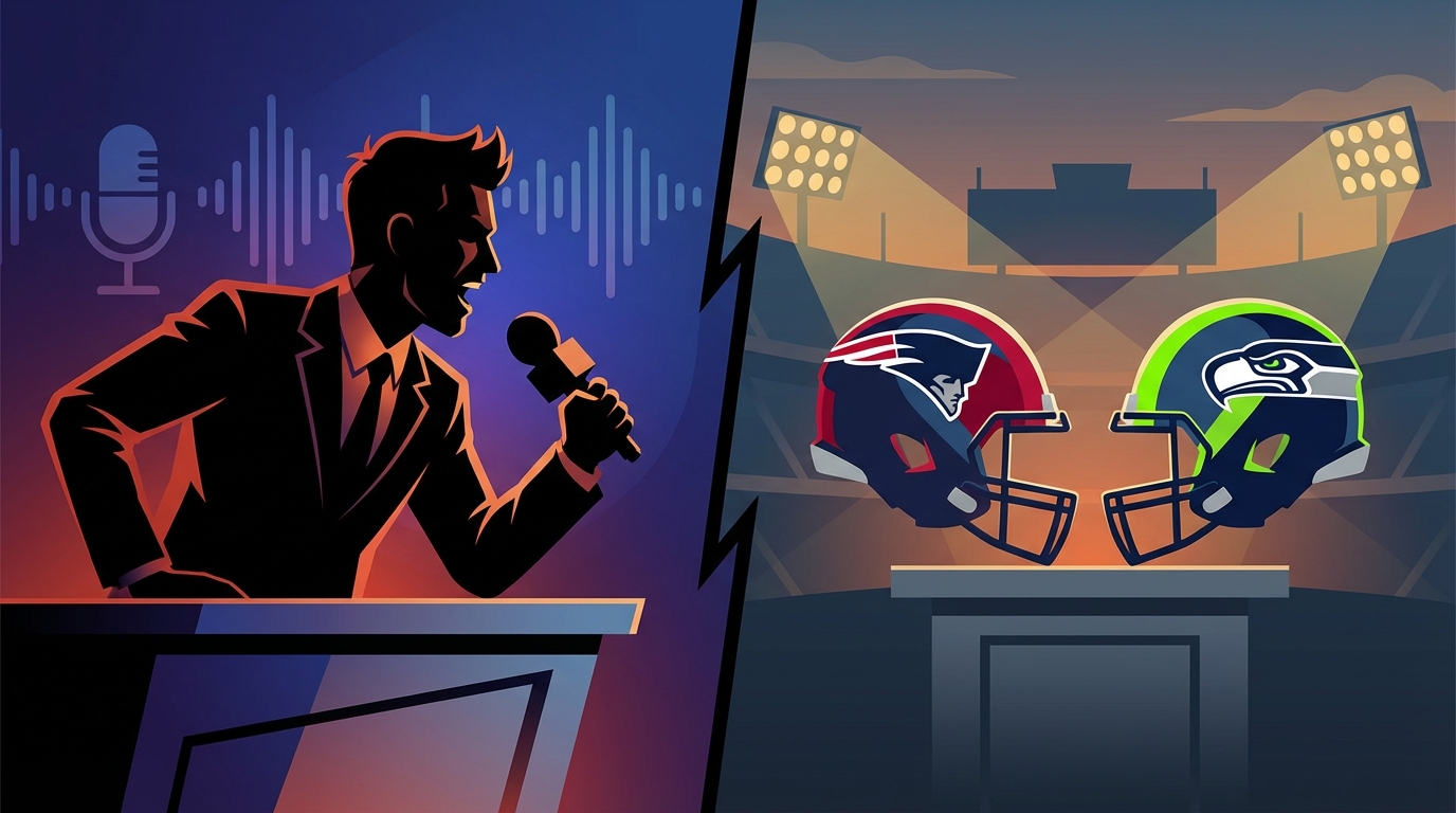 Stylized sports debate image showing a commentator silhouette and two opposing football helmets
