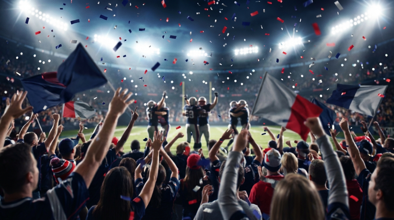Celebratory crowd and players at Patriots victory