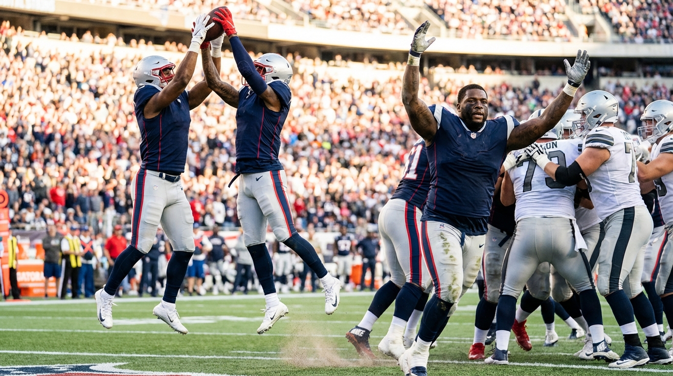 New England Patriots players in dynamic on-field action showing teamwork and energy