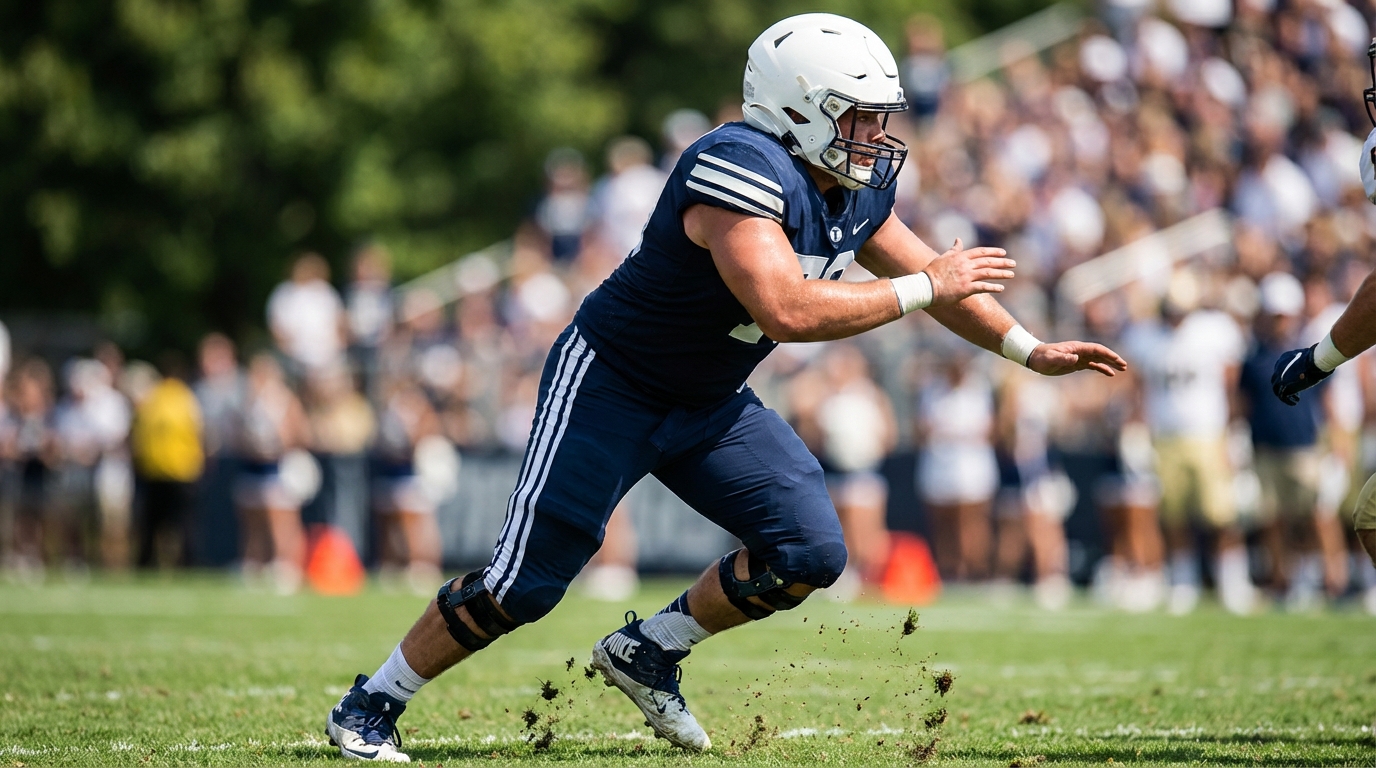 Offensive lineman driving forward in blocking stance on sunlit stadium field