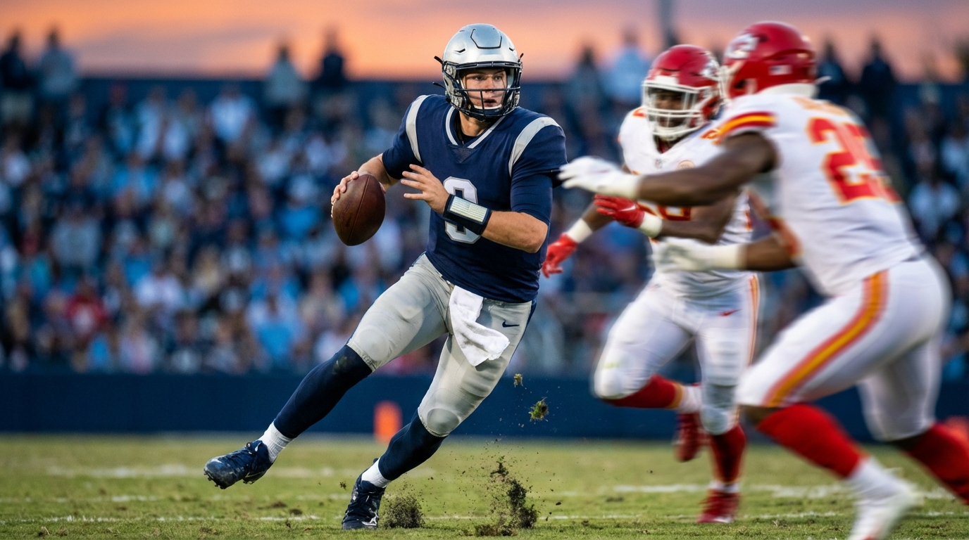 Quarterback evading defenders on turf under stadium lights