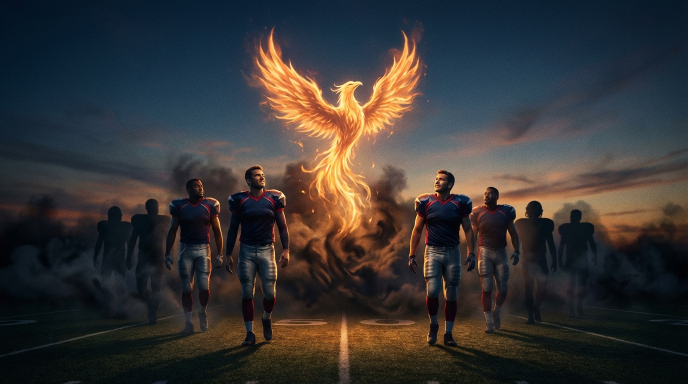 Players in Patriots-inspired uniforms emerging from shadows as a phoenix rises, symbolizing roster rebirth