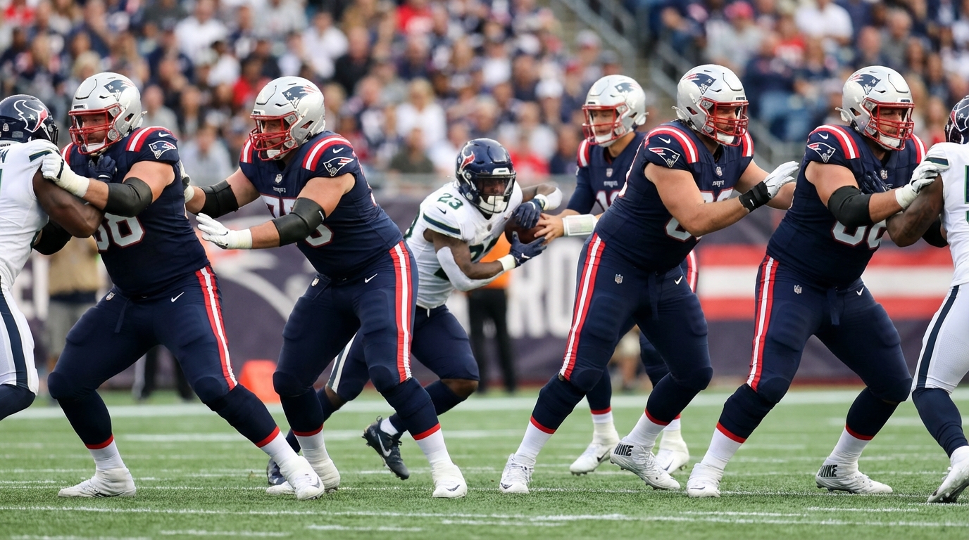New England Patriots offensive line blocking on a run play