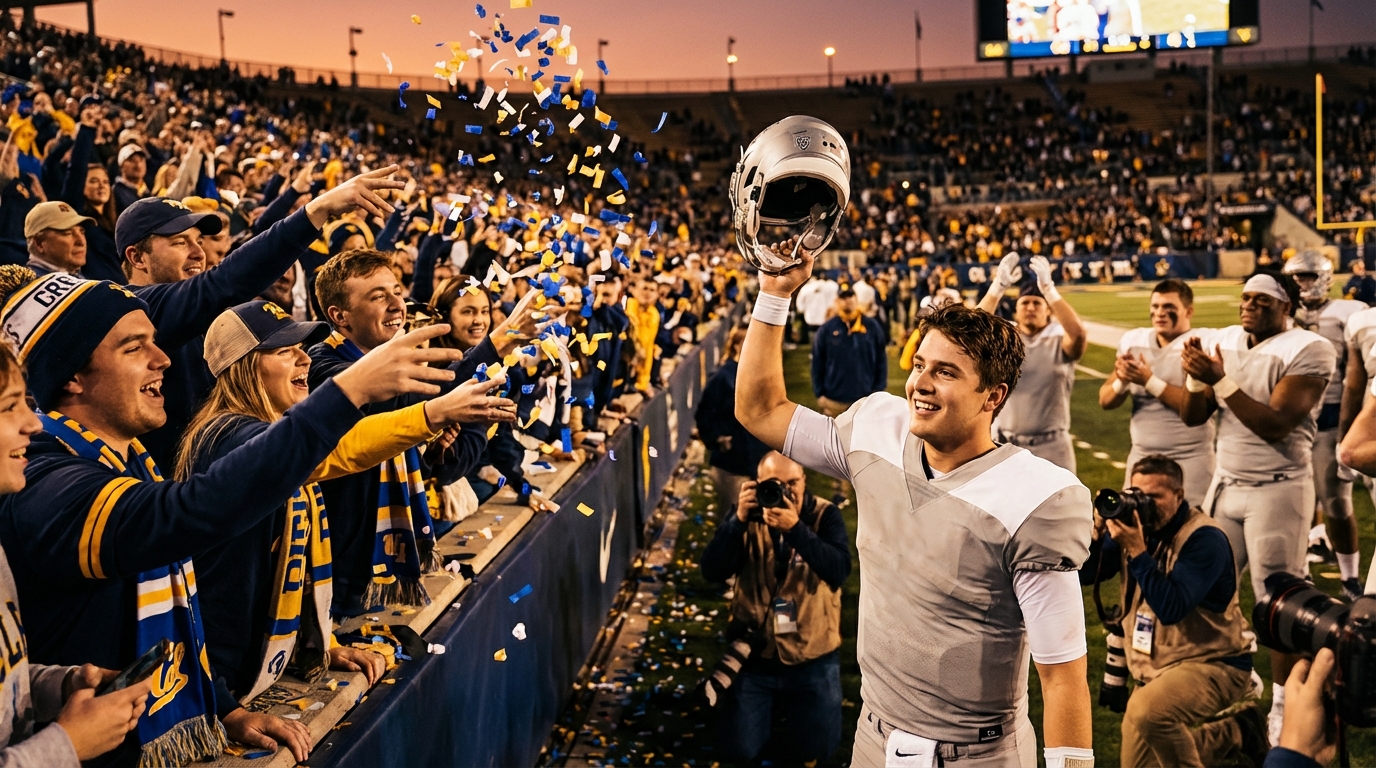 Fans celebrating on the sidelines as a young quarterback raises his helmet