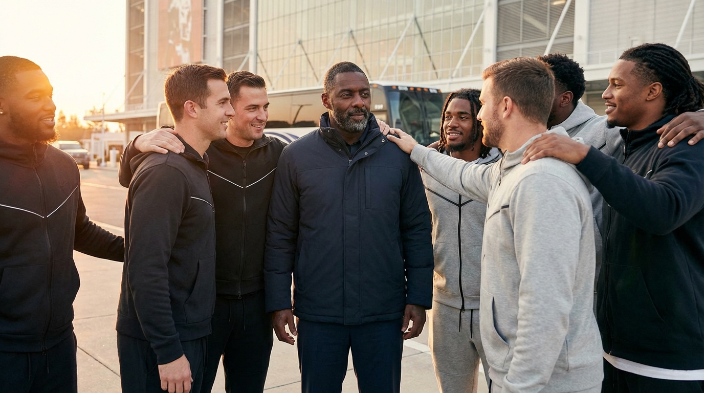Terrell Williams surrounded by coaches and players as the team prepares outside a stadium at golden hour