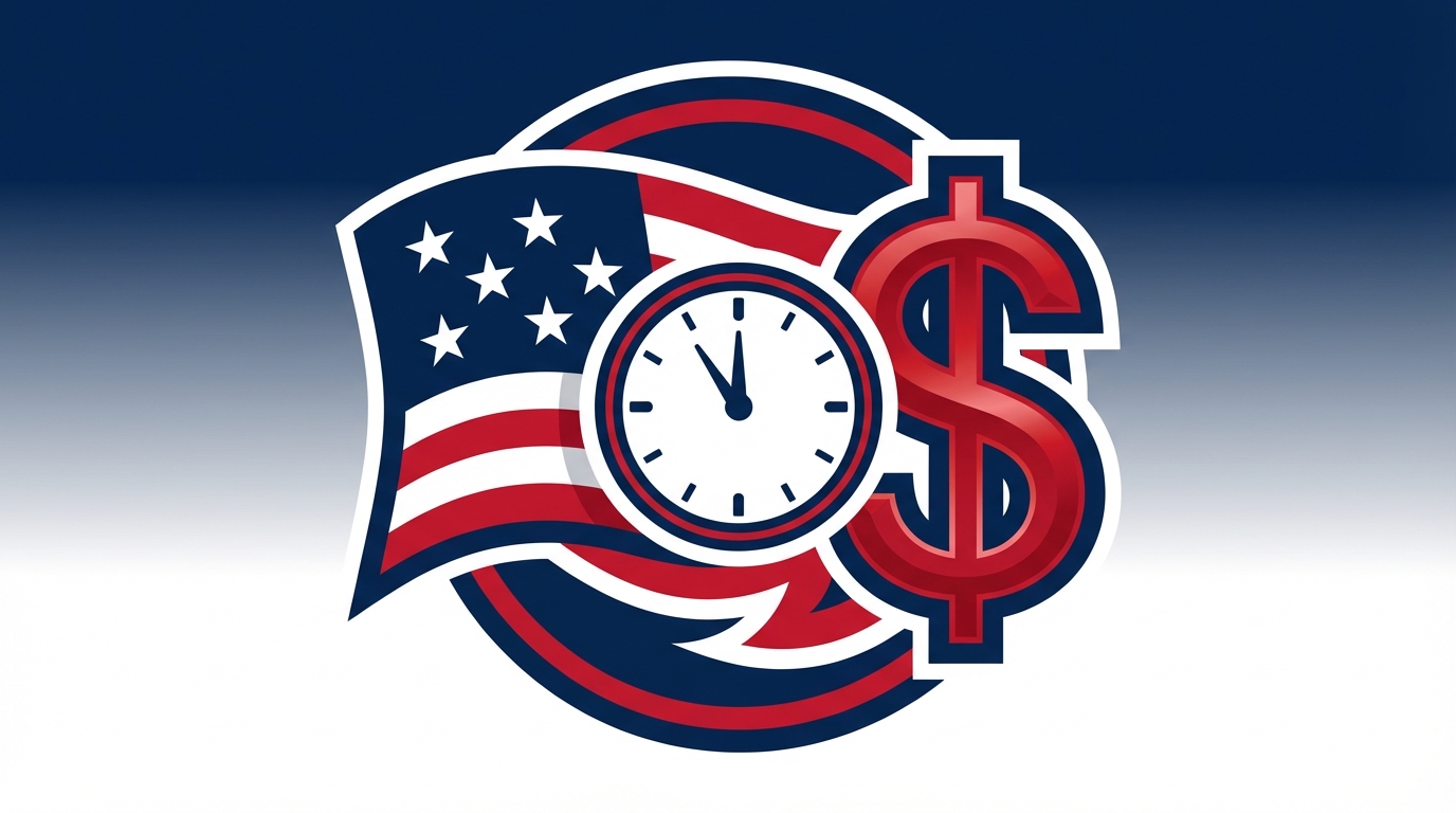 Stylized Patriots flag motif intertwined with a dollar sign and an analog clock in navy red and white