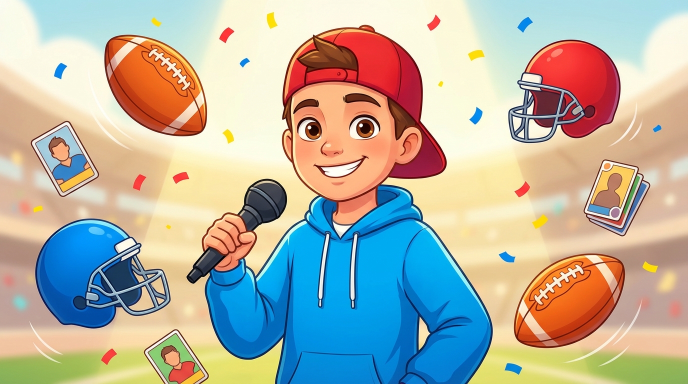 Young kid reporter holding a microphone surrounded by footballs, helmets, and trading cards
