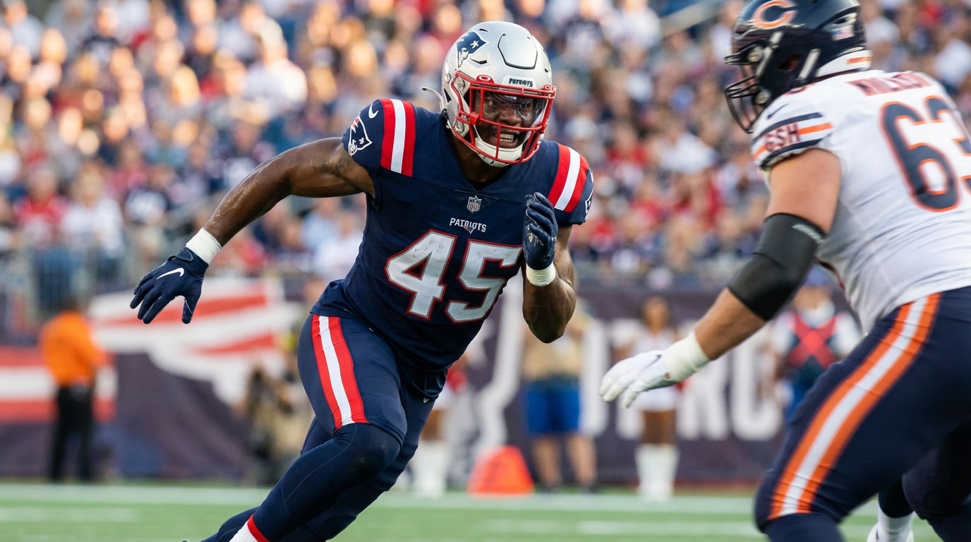 K’Lavon Chaisson charging off the edge for the New England Patriots, captured mid-stride with focus and power
