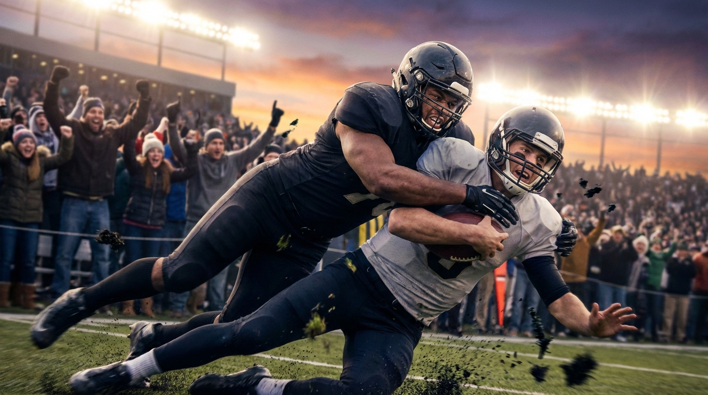 Low-angle action shot of a defender sacking the quarterback with turf flying and stadium lights in the background