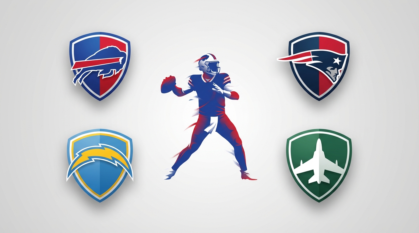 Stylized collage of Bills, Patriots, Chargers, Jets with central Josh Allen silhouette