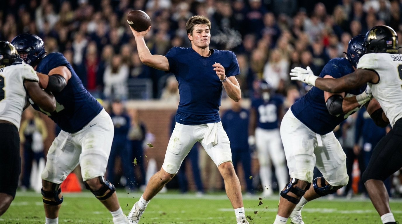 Drake Maye mid-throw on the field