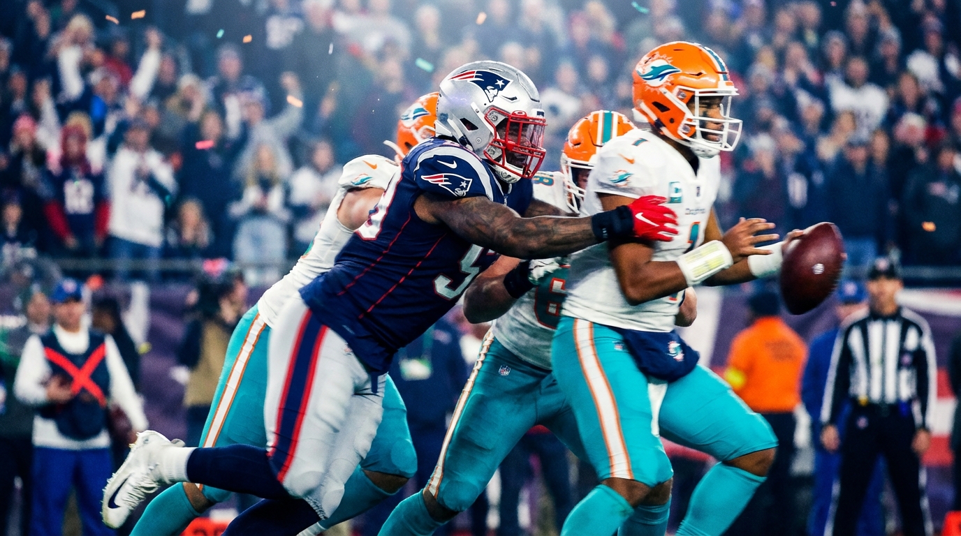 Action shot: Patriots kickoff return, vibrant stadium lights