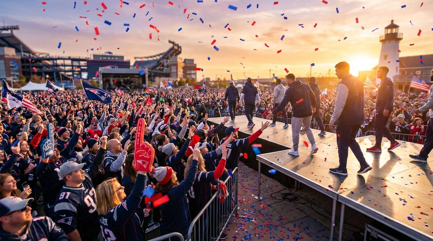 Fans cheering at the Patriots send-off rally