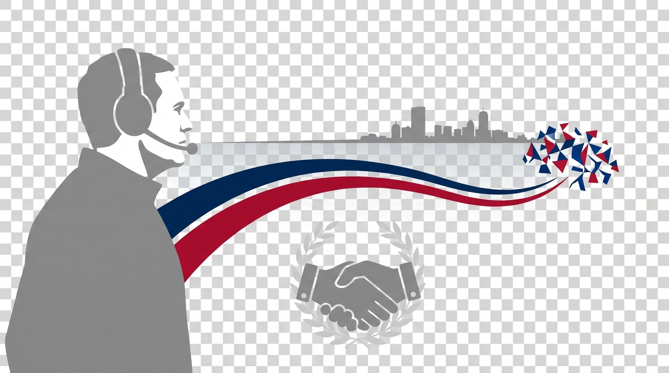 Illustration of a coach silhouette with headset connecting to a stylized group of fans via navy and red arcs, a handshake and laurel wreath symbolizing respect and sportsmanship, with a faint Boston skyline background