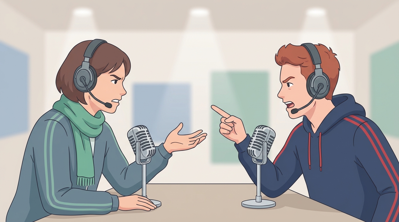 Two fans debating into microphones