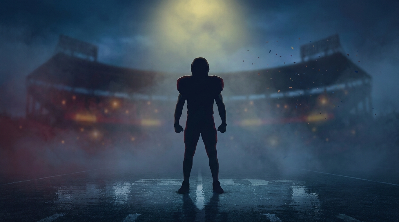Silhouette of a lone football player standing under a spotlight on a misty field facing a vast, dimly lit stadium