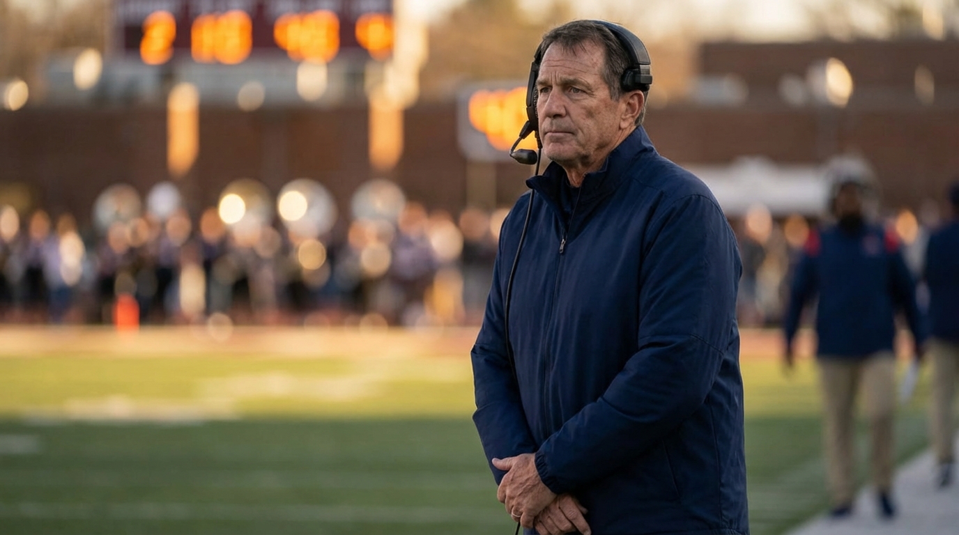 Football coach in quiet contemplation on the sidelines, symbolizing strategy and leadership