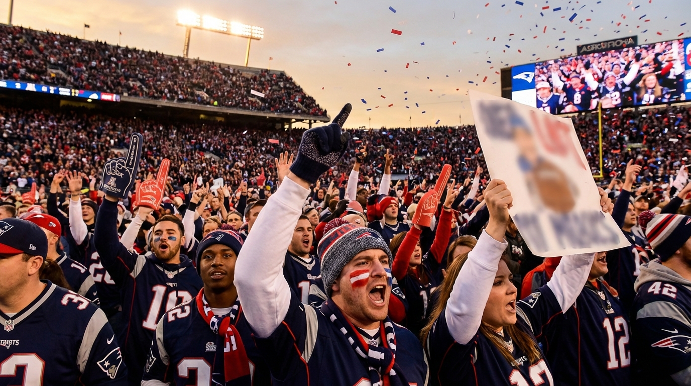 Enthusiastic New England Patriots fans cheering in a stadium at sunset, wearing navy red and white, confetti flying.