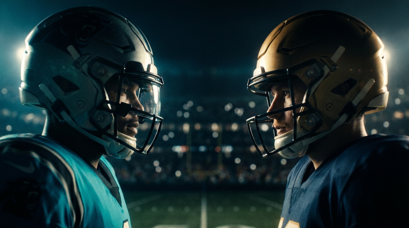 Two quarterbacks facing off under contrasting lighting to symbolize the Drake Maye versus Matthew Stafford MVP debate