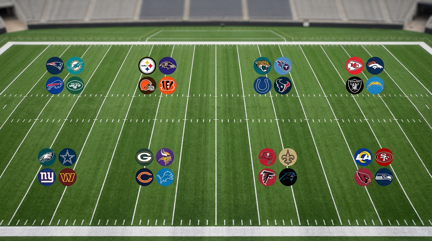 Aerial view of an NFL football field with small team logos grouped by division in four quadrants