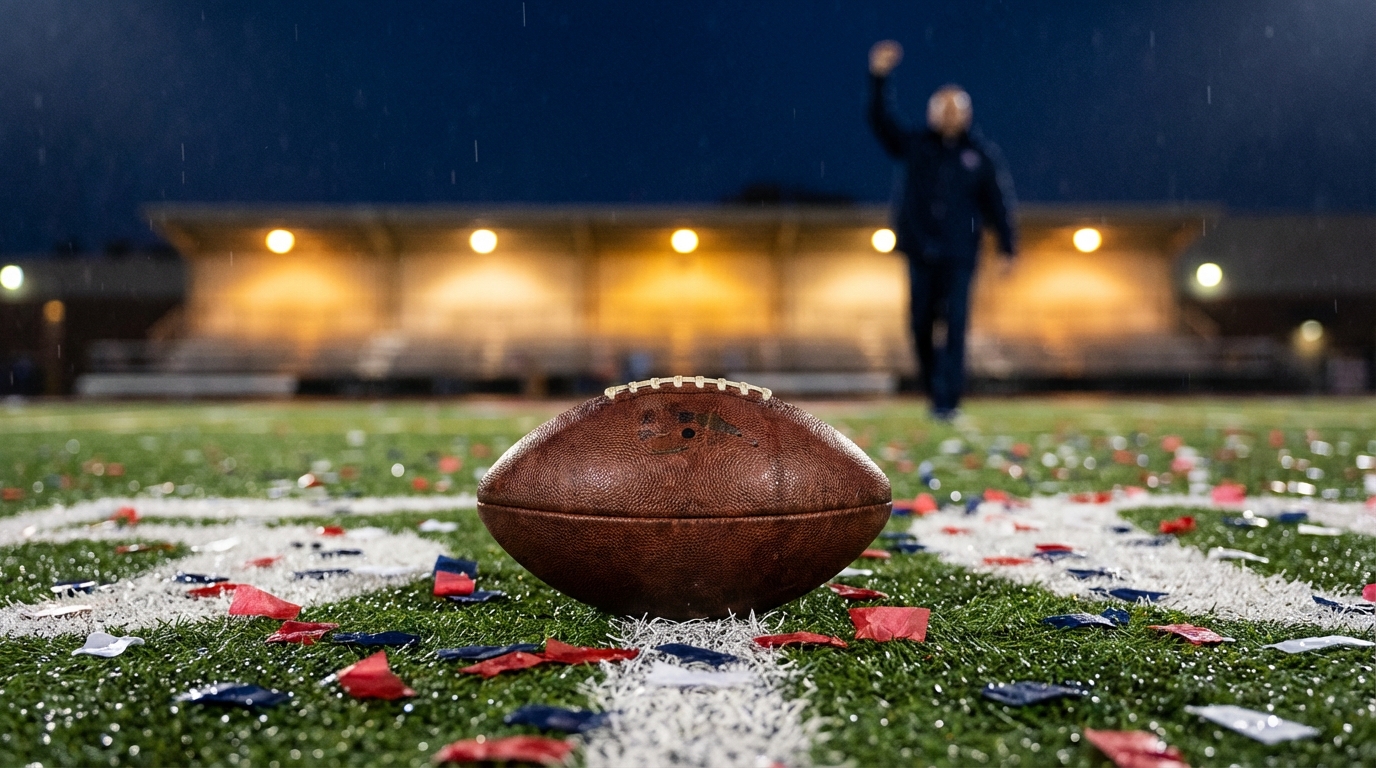Close-up of a football resting on rain-slick turf at the 50-yard line, scattered red and blue confetti and blurred stadium lights