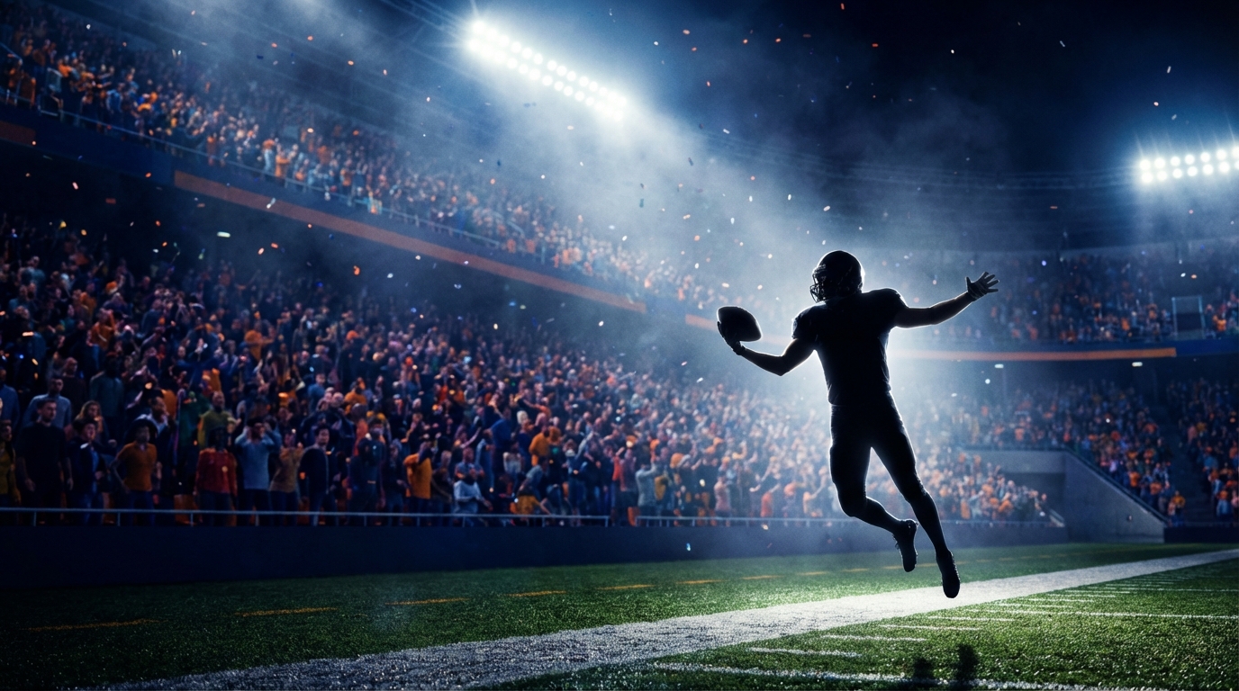 Nighttime football stadium packed with fans and a spotlighted silhouette of a wide receiver reaching for a catch