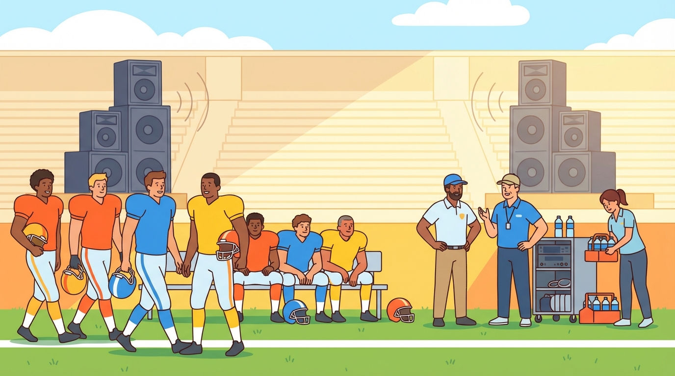 Players resting on the sideline during a simulated extended halftime practice, stadium speakers visible in the stands