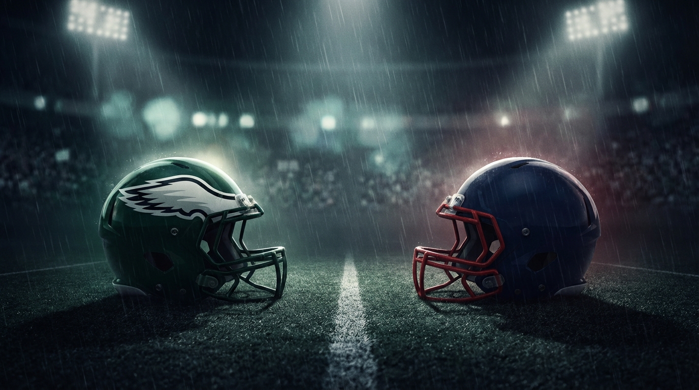 Two stylized football helmets facing off under moody stadium lights