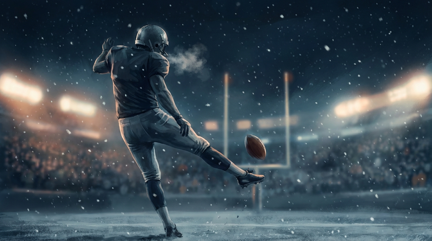 Football kicker making a clutch field goal in falling snow